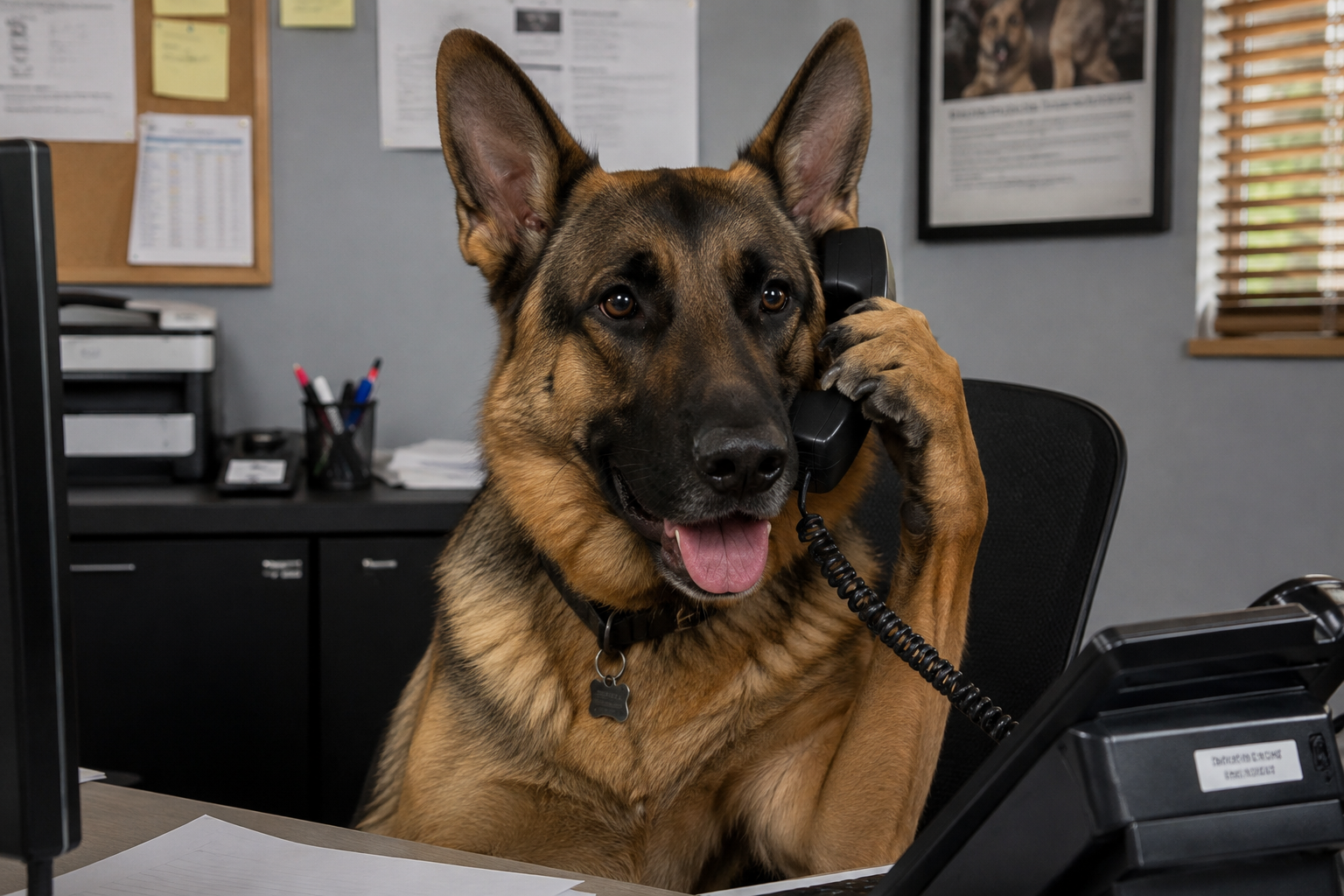 A German Shepherd answering the phone at a desk