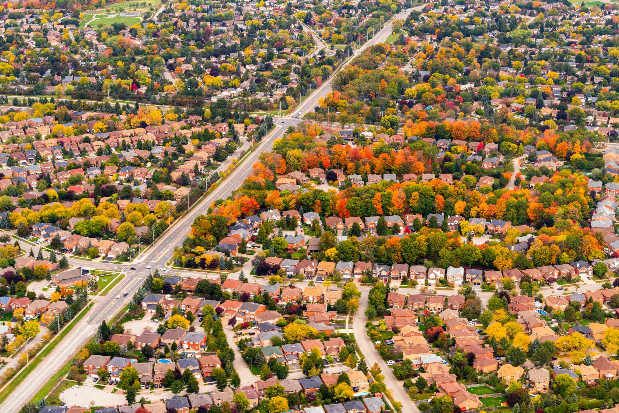 Aerial view of a Coquitlam neighborhood near the Port Mann Bridge