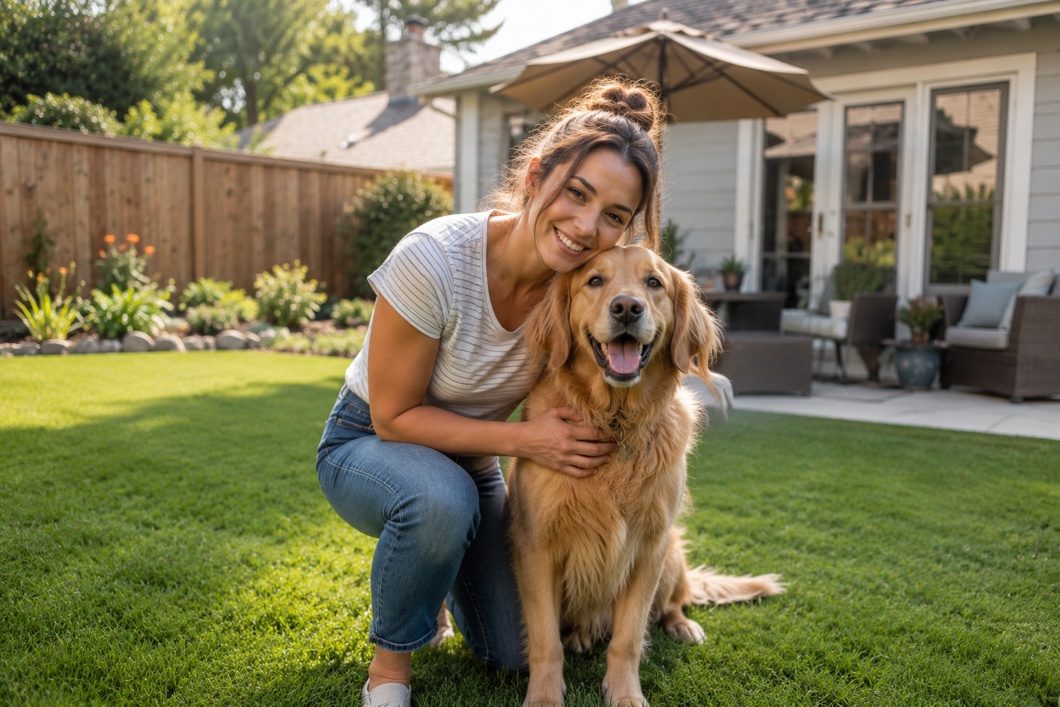 A happy woman hugging her golden retriever in their clean backyard