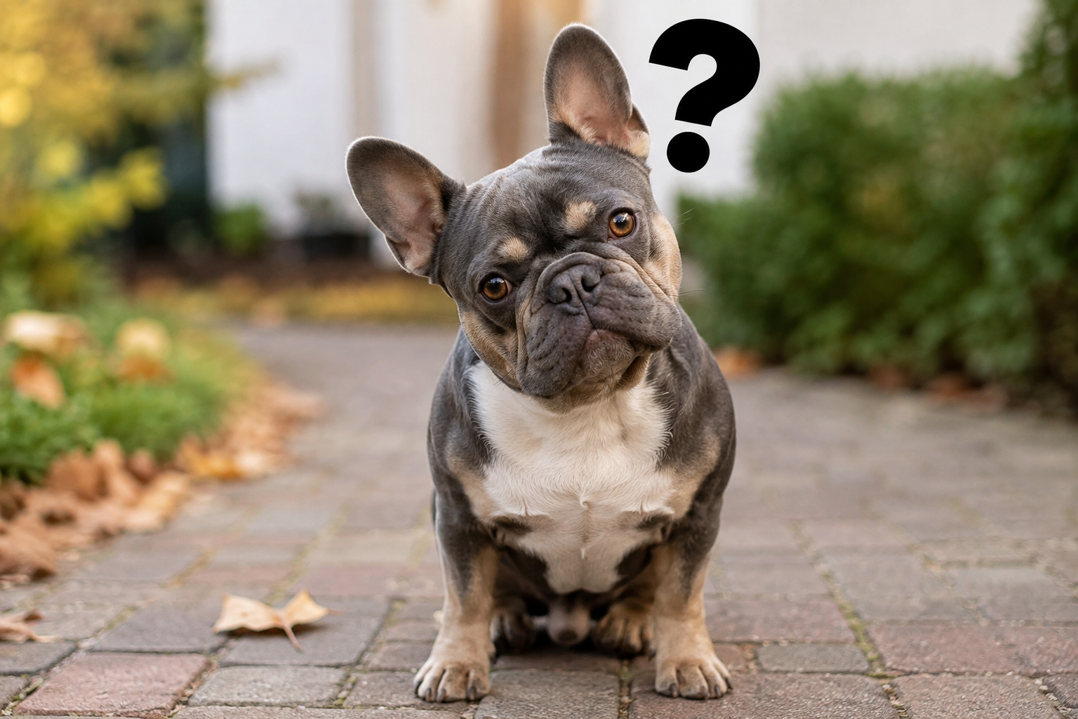 A curious French Bulldog with a question mark, representing frequently asked questions